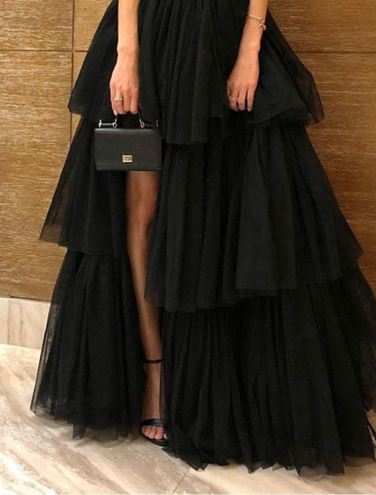 A-Line Evening Gown Tiered Plisse Dress Masquerade Prom Floor Length Sleeveless One Shoulder Black Dress Tulle with Slit