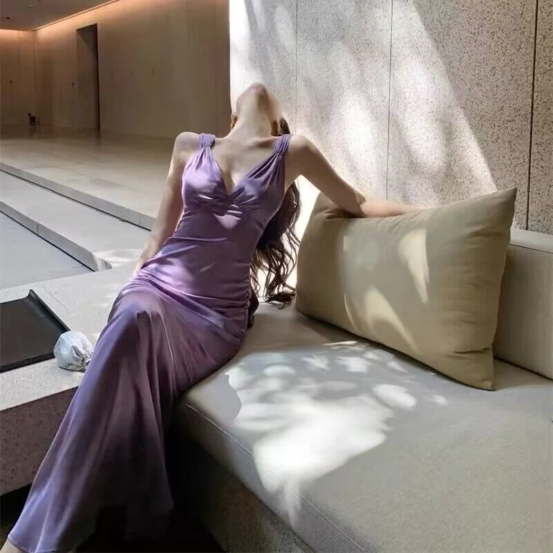 A-line V-neck purple A-line pleated long gown evening dresses