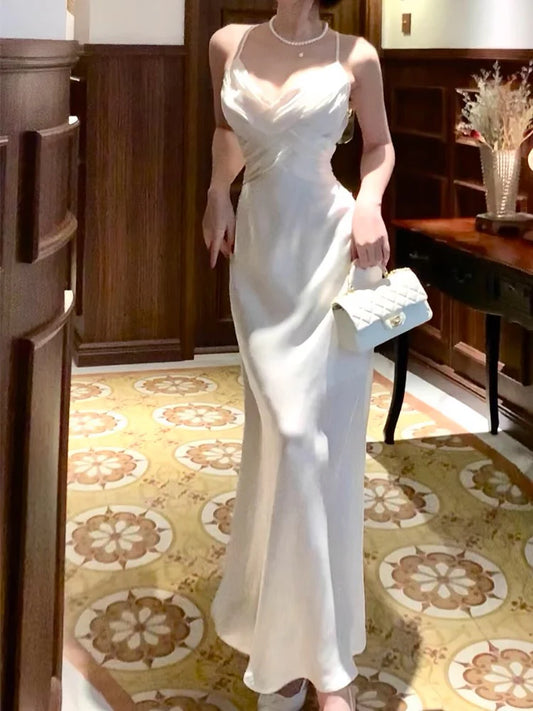 White thin shoulder strap tight backless long gown evening dresses