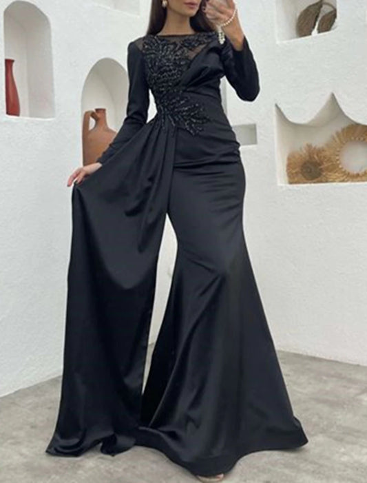 Mermaid / Trumpet Evening Gown Elegant Dress Formal Wedding Guest Sweep / Brush Train Long Sleeve Jewel Neck Satin with Beading