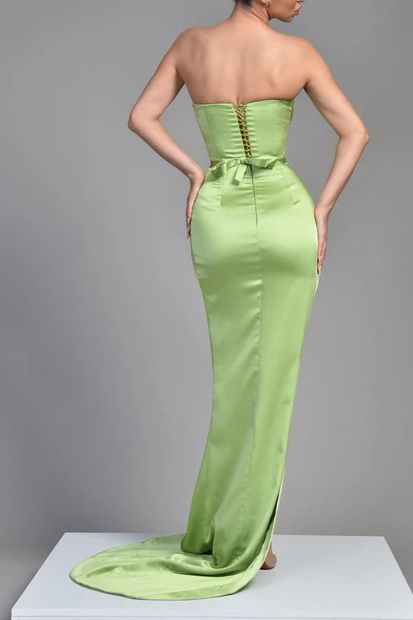 Tight strapless satin pleated side slit green long bridesmaid dress