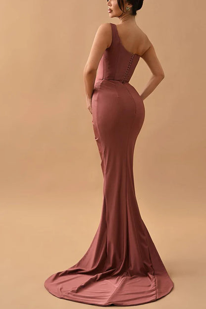 Unique shoulder pleated side slit long bridesmaid dress ball dress