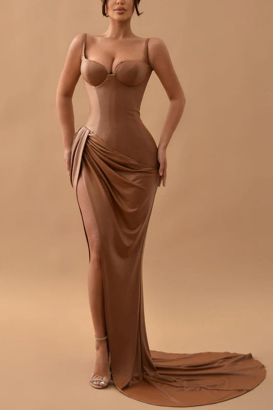 Thin shoulder strap high slit mermaid bridesmaid dress long ball dress