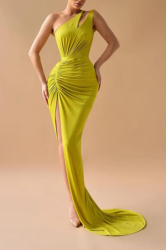 Unique one shoulder pleated side slit mermaid ball dress long bridesmaid dress