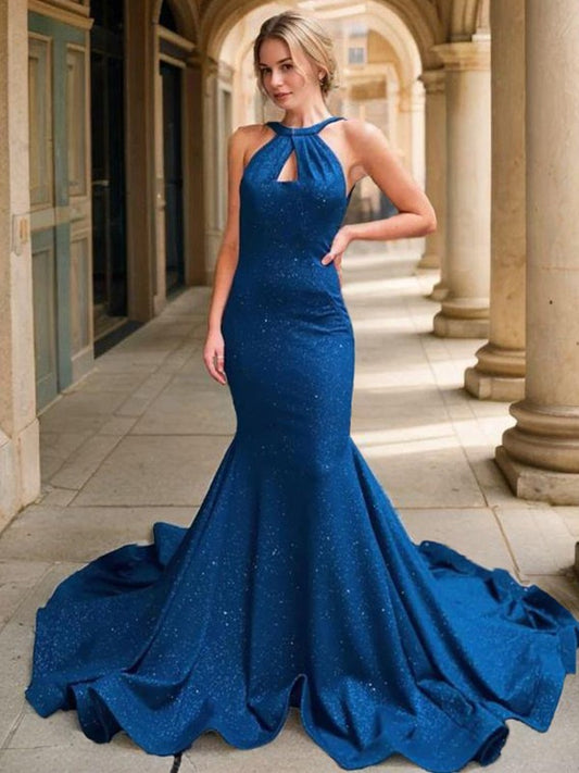 Elegant neckline mermaid sleeveless off shoulder and floor length off back ruffled edge evening dress