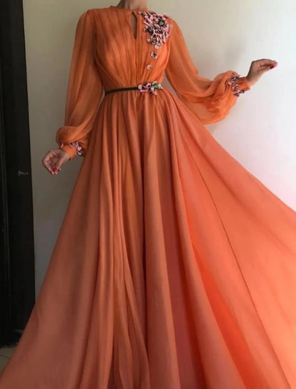 A-Line Wedding Guest Dresses Vintage Dress Prom Floor Length Long Sleeve Jewel Neck Belt / Sash Chiffon with Pleats Pearls Beading