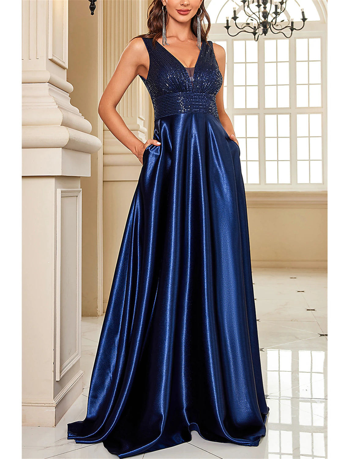 A-Line Mother of the Bride Dress Wedding Guest Elegant Party Sparkle & Shine V Neck Floor Length Satin Sequined Sleeveless with Sequin Color Block