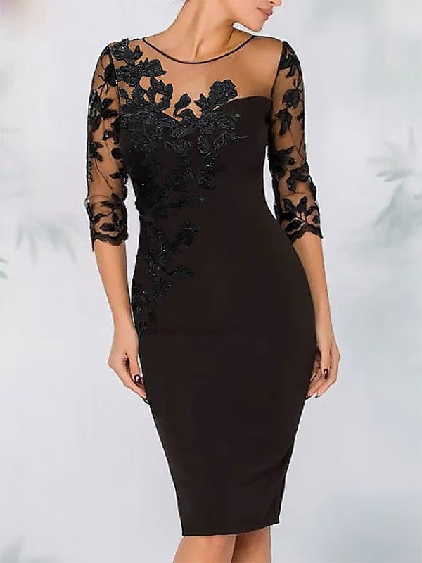 Tight/straight stretch crepe applique spoon with 3/4 sleeves and knee length mother of the bride dress