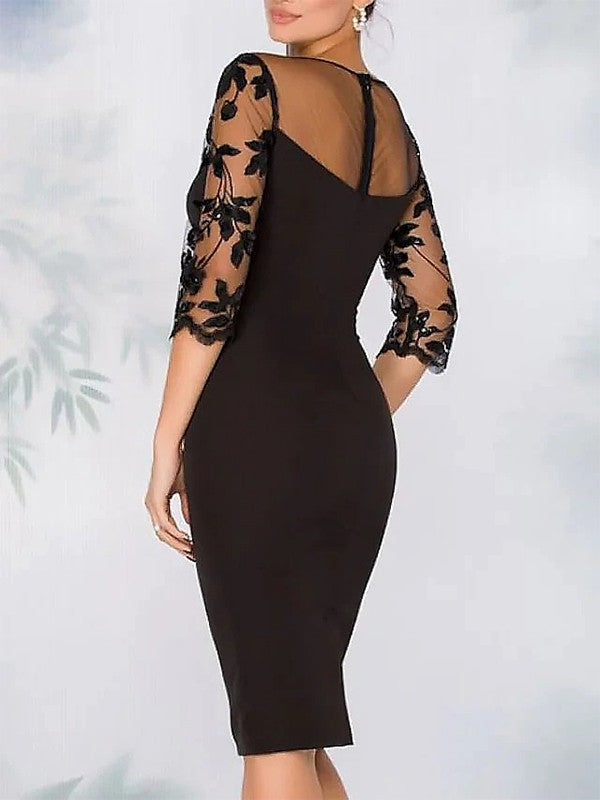 Tight/straight stretch crepe applique spoon with 3/4 sleeves and knee length mother of the bride dress