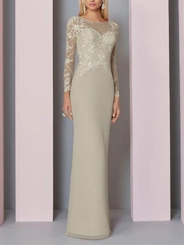 Tight fitting/straight tube chiffon applique low round neck long sleeved and ground mother of the bride dress