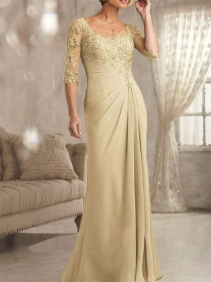 Tight/straight tube chiffon applique pleated V-neck 1/2 sleeve and floor mother of the bride dress