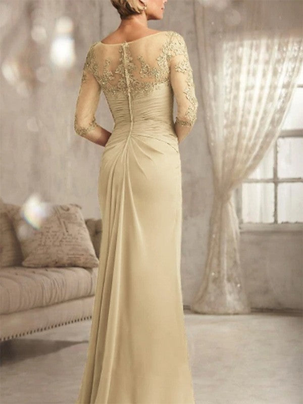 Tight/straight tube chiffon applique pleated V-neck 1/2 sleeve and floor mother of the bride dress