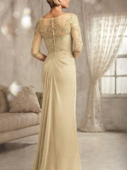 Tight/straight tube chiffon applique pleated V-neck 1/2 sleeve and floor mother of the bride dress