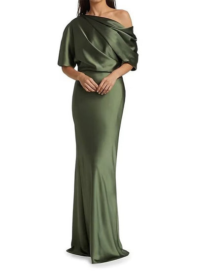 Tight fit/columnar elastic woven satin pleats on one shoulder 1/2 sleeves and floor length Mother of the bride dress