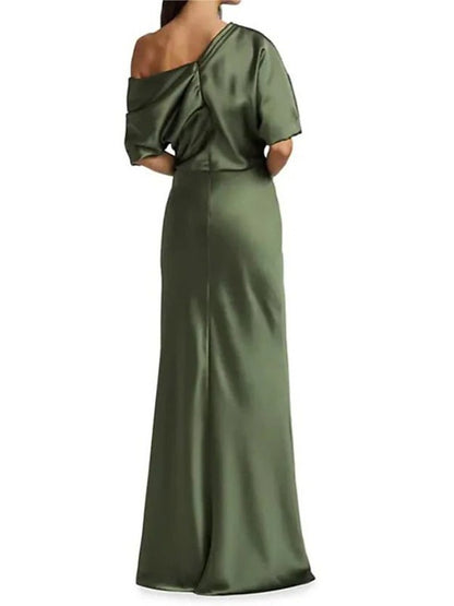 Tight fit/columnar elastic woven satin pleats on one shoulder 1/2 sleeves and floor length Mother of the bride dress