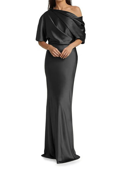 Tight fit/columnar elastic woven satin pleats on one shoulder 1/2 sleeves and floor length Mother of the bride dress