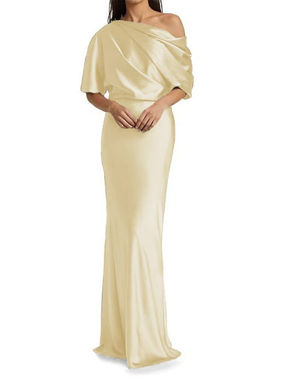 Tight fit/columnar elastic woven satin pleats on one shoulder 1/2 sleeves and floor length Mother of the bride dress