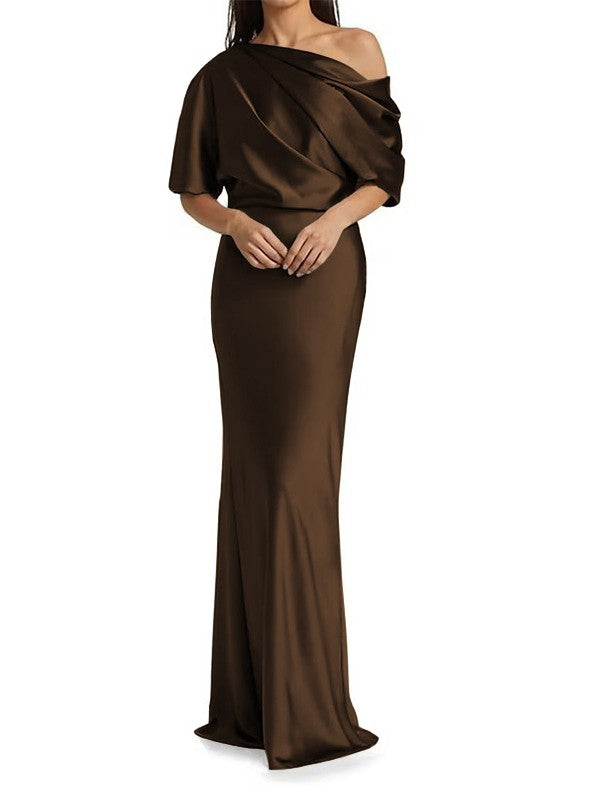 Tight fit/columnar elastic woven satin pleats on one shoulder 1/2 sleeves and floor length Mother of the bride dress