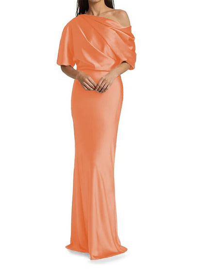 Tight fit/columnar elastic woven satin pleats on one shoulder 1/2 sleeves and floor length Mother of the bride dress