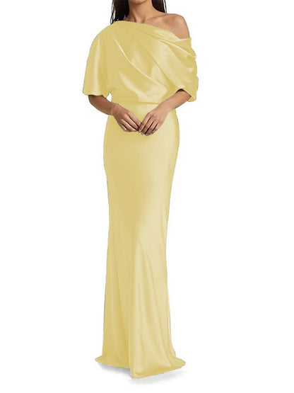 Tight fit/columnar elastic woven satin pleats on one shoulder 1/2 sleeves and floor length Mother of the bride dress