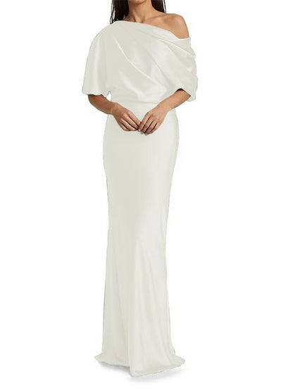 Tight fit/columnar elastic woven satin pleats on one shoulder 1/2 sleeves and floor length Mother of the bride dress