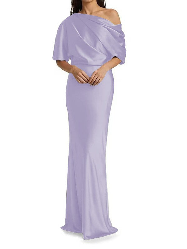 Tight fit/columnar elastic woven satin pleats on one shoulder 1/2 sleeves and floor length Mother of the bride dress