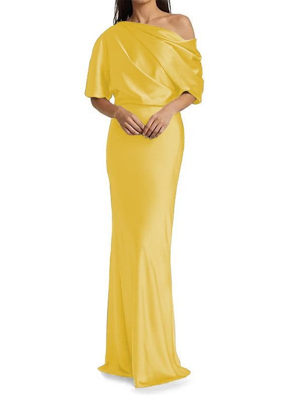 Tight fit/columnar elastic woven satin pleats on one shoulder 1/2 sleeves and floor length Mother of the bride dress