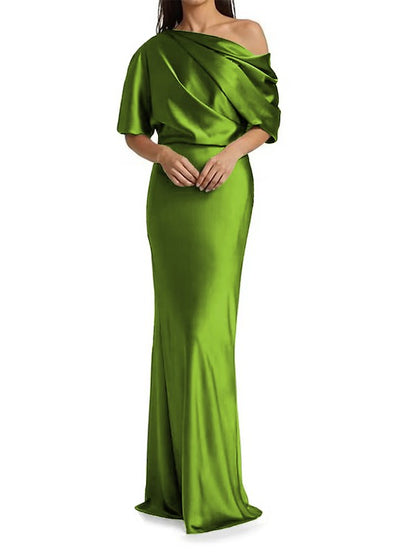 Tight fit/columnar elastic woven satin pleats on one shoulder 1/2 sleeves and floor length Mother of the bride dress