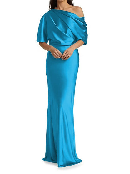 Tight fit/columnar elastic woven satin pleats on one shoulder 1/2 sleeves and floor length Mother of the bride dress