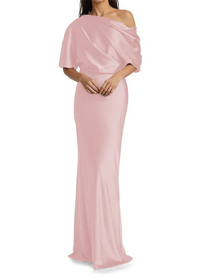 Tight fit/columnar elastic woven satin pleats on one shoulder 1/2 sleeves and floor length Mother of the bride dress