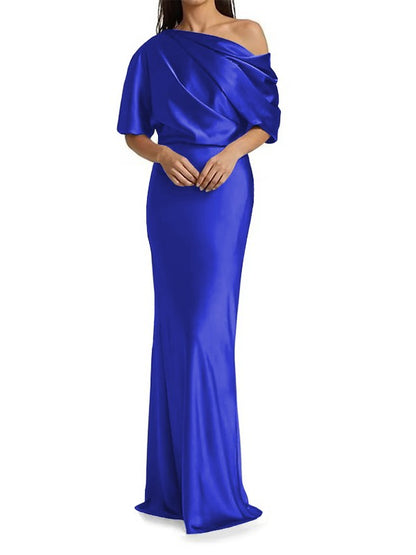 Tight fit/columnar elastic woven satin pleats on one shoulder 1/2 sleeves and floor length Mother of the bride dress