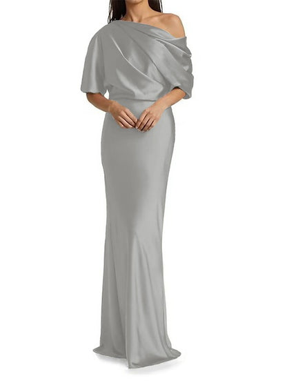 Tight fit/columnar elastic woven satin pleats on one shoulder 1/2 sleeves and floor length Mother of the bride dress