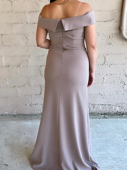 Tight fitting/straight tube  crepe pleated decoration off the shoulder sweeping/brushed trailing mother of the bride dress