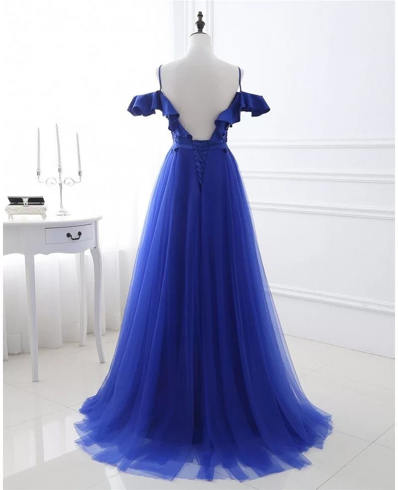 Unique/Beautiful Royal Blue Shoulder Strap Sleeveless Beaded Sequin Evening Dress Royal Blue A-line sheer backless and floor length evening dress