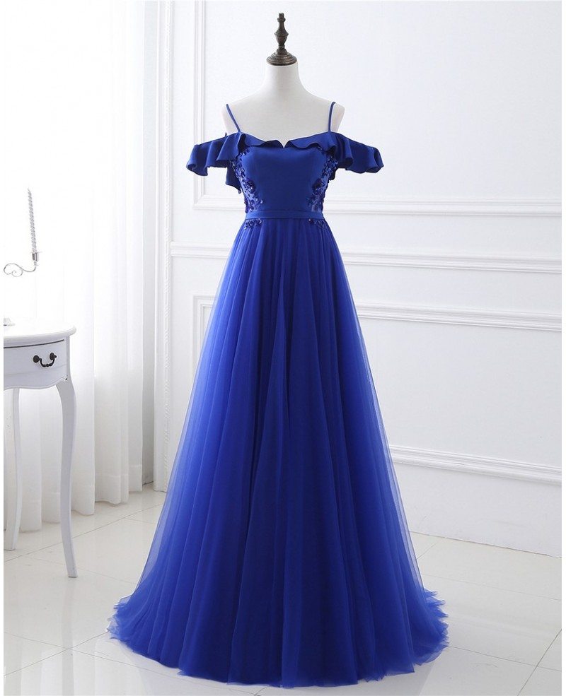 Unique/Beautiful Royal Blue Shoulder Strap Sleeveless Beaded Sequin Evening Dress Royal Blue A-line sheer backless and floor length evening dress