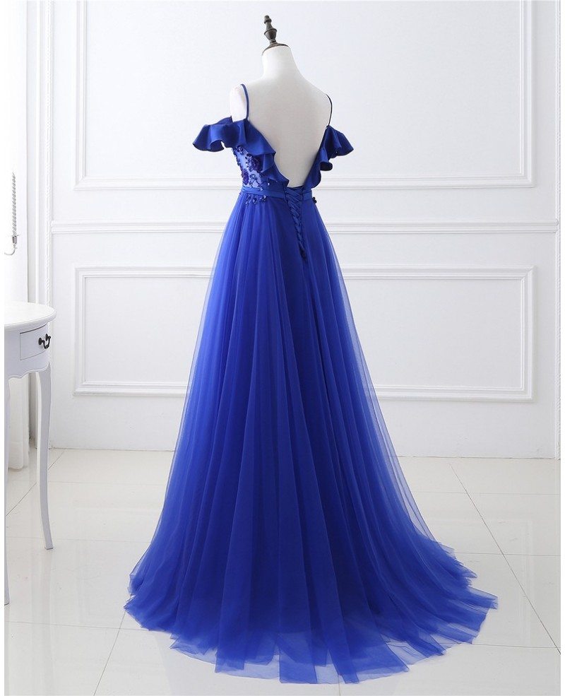 Unique/Beautiful Royal Blue Shoulder Strap Sleeveless Beaded Sequin Evening Dress Royal Blue A-line sheer backless and floor length evening dress