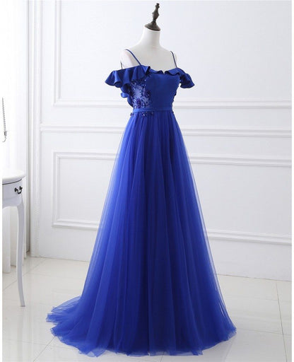 Unique/Beautiful Royal Blue Shoulder Strap Sleeveless Beaded Sequin Evening Dress Royal Blue A-line sheer backless and floor length evening dress