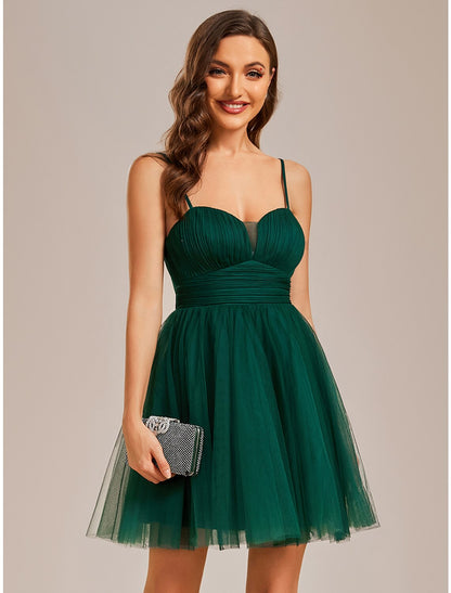 A-Line Homecoming Dresses Princess Dress Cocktail Party Birthday Short / Mini Sleeveless Spaghetti Strap Tulle with Ruched