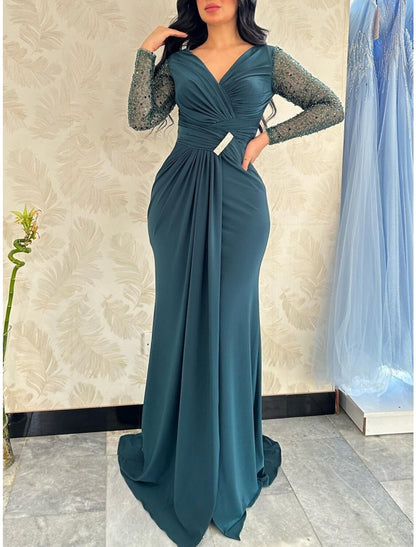 Mermaid / Trumpet Evening Gown Elegant Dress Formal Sweep / Brush Train Long Sleeve V Neck Satin with Pleats Ruched Sequin