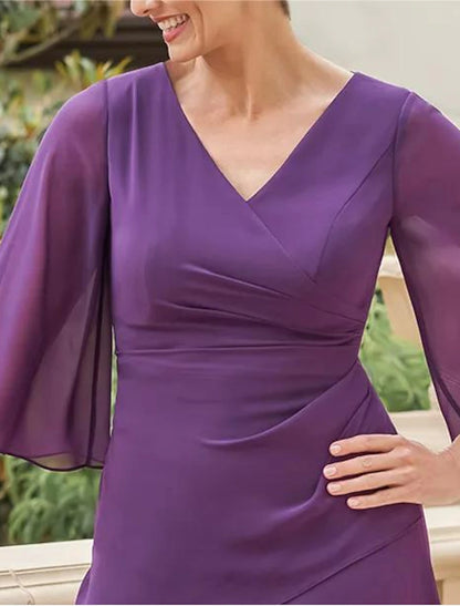 A-Line Mother of the Bride Dress Formal Wedding Guest Elegant V Neck Floor Length Chiffon Half Sleeve with Cascading Ruffles Ruching Solid Color