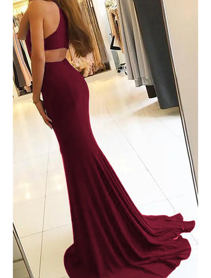 Mermaid / Trumpet Evening Gown Bodycon Dress Formal Prom Court Train Sleeveless High Neck Stretch Fabric with Slit