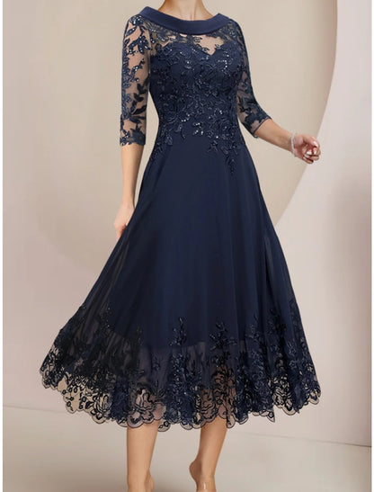 A-Line Mother of the Bride Dress Wedding Guest Elegant Petite Scoop Neck Tea Length Chiffon Lace Half Sleeve with Sequin Ruching Solid Color