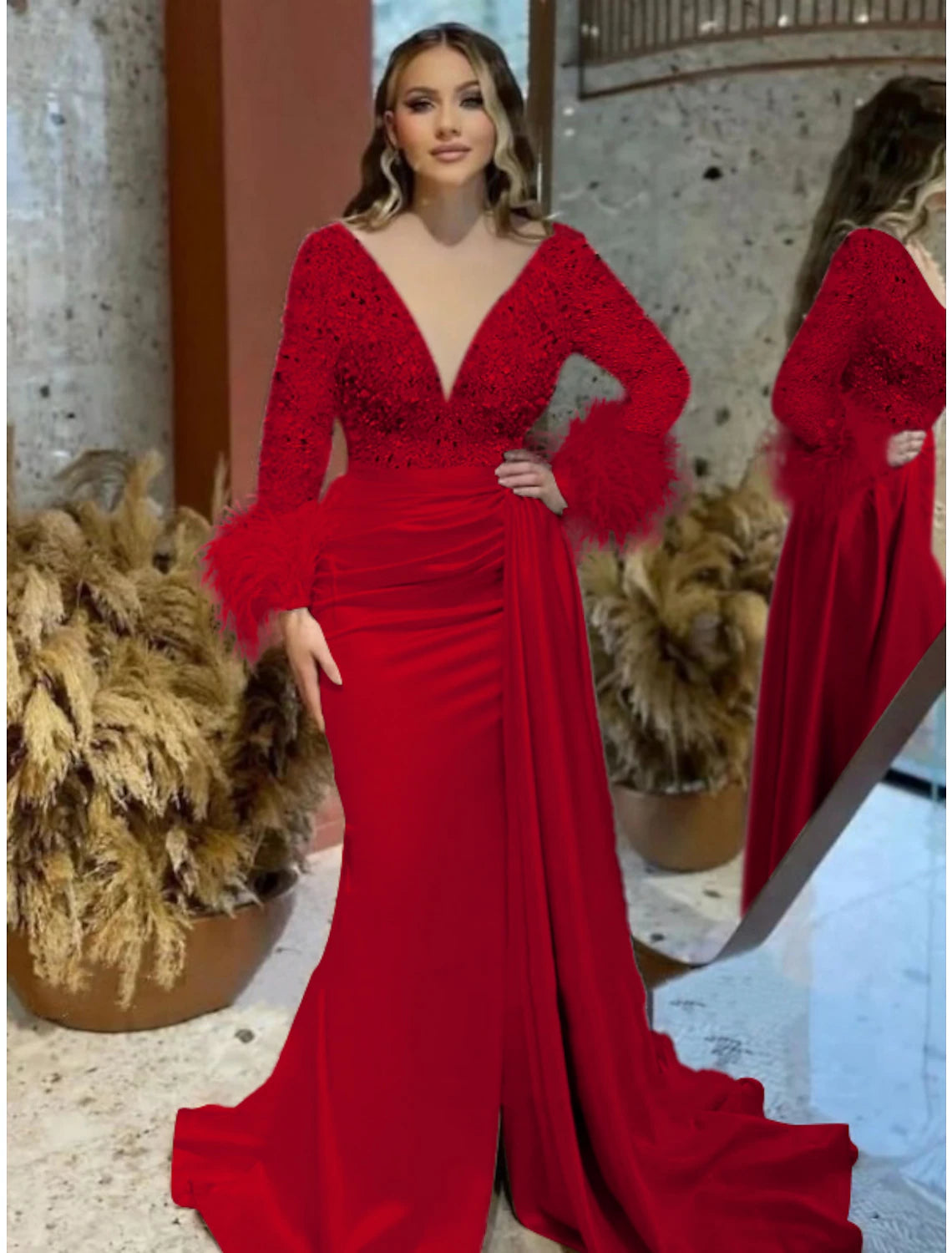 Mermaid / Trumpet Evening Gown Elegant Dress Formal Wedding Court Train Long Sleeve V Neck Satin with Feather Glitter Ruched