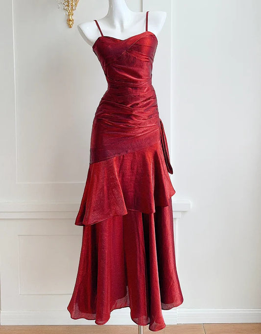 Thin shoulder strap wine red fish tail long gown evening dresses