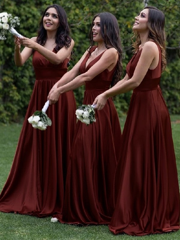 A-Line/Princess Silk Like Satin Ruched V-neck Sleeveless Sweep/Brush Train Bridesmaid Dresses