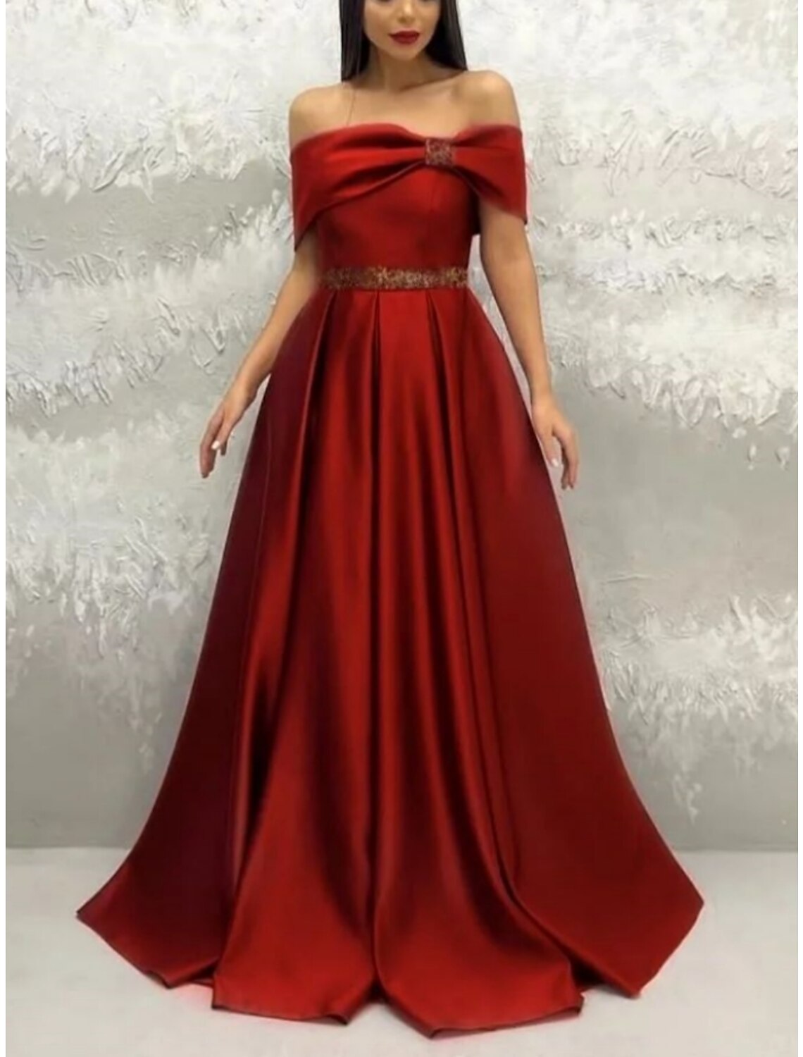 A-Line Evening Gown Elegant Dress Formal Sweep / Brush Train Christmas Red Green Dress Short Sleeve Off Shoulder Satin with Bow(s) Pleats