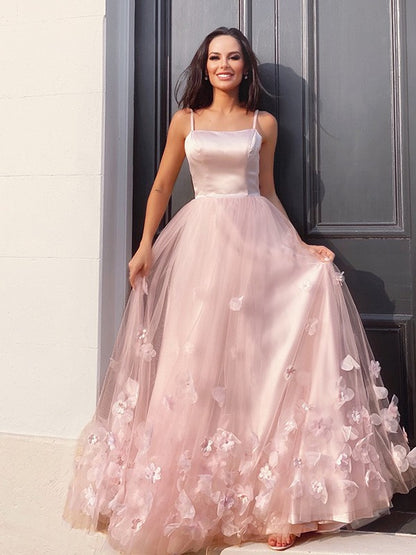 A-Line/Princess Tulle Hand-Made Flower Straps Floor-Length Sleeveless Dresses