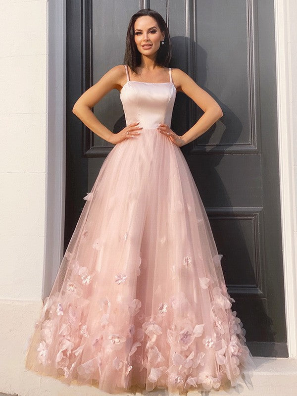 A-Line/Princess Tulle Hand-Made Flower Straps Floor-Length Sleeveless Dresses