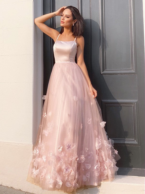 A-Line/Princess Tulle Hand-Made Flower Straps Floor-Length Sleeveless Dresses