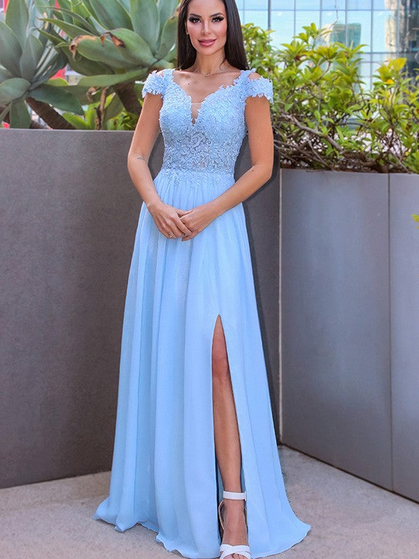 A-Line/Princess Floor-Length Off-the-Shoulder Sleeveless Chiffon Applique Dresses